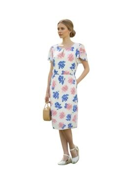 Cath Kidston Floral White Dress Pink Blue *8 UK/4 US Short Sleeve Feminine Retro